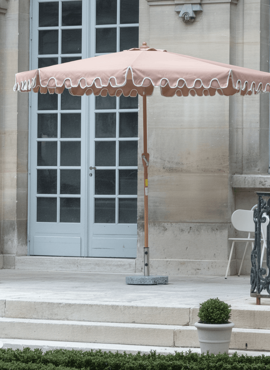 7.5 ft Scalloped Patio Market Umbrella, Blush Pink, Wood Pole, Crank Lift