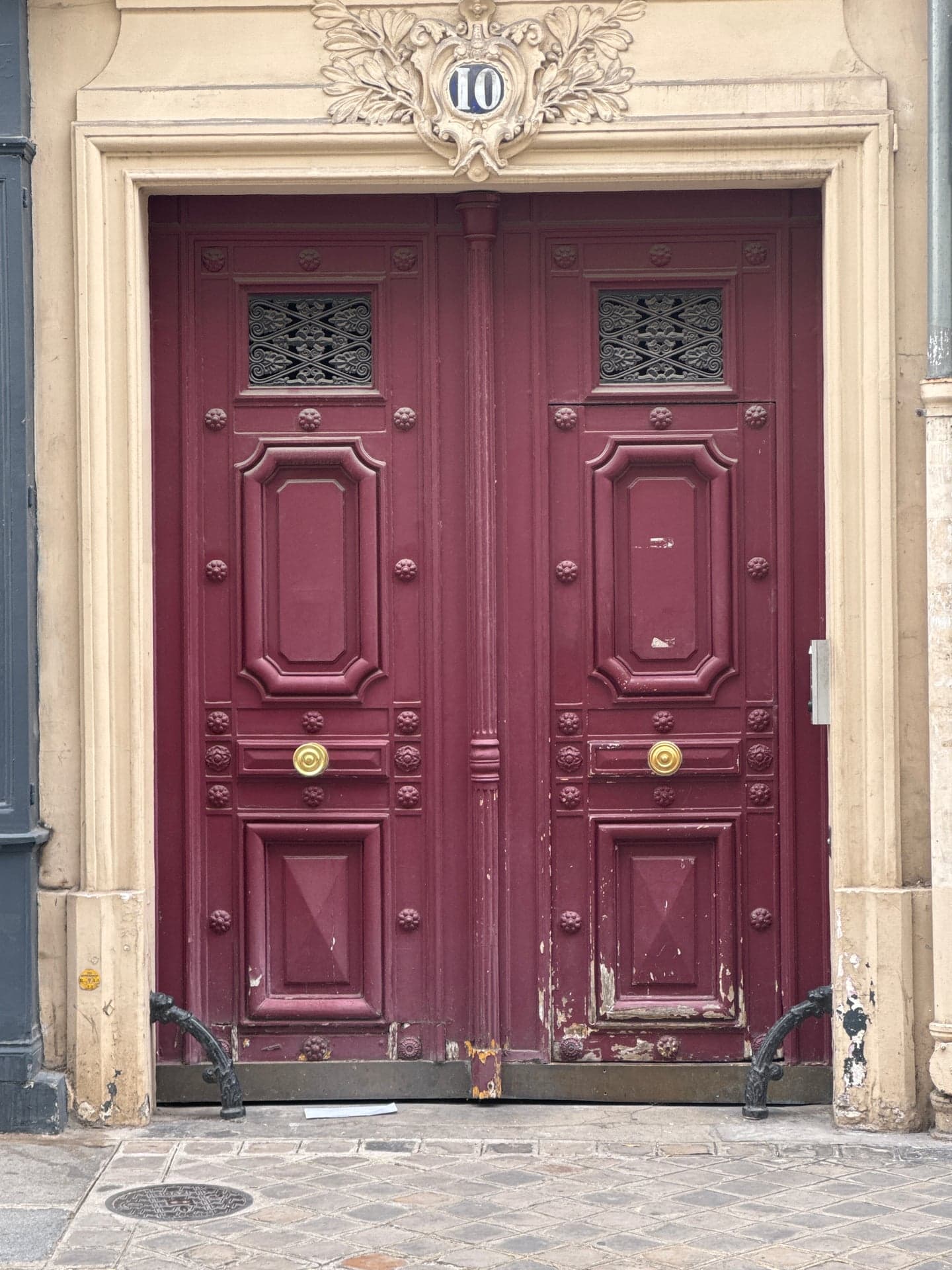 Antique French Burgundy Double Entry Doors, 72 x 110 in, Carved Wood w/ Iron Grilles